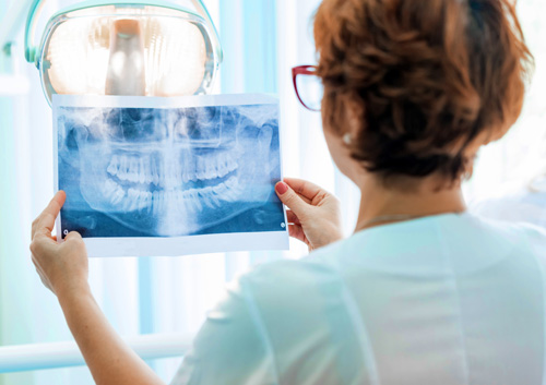 A dentist examines orthopantomogram