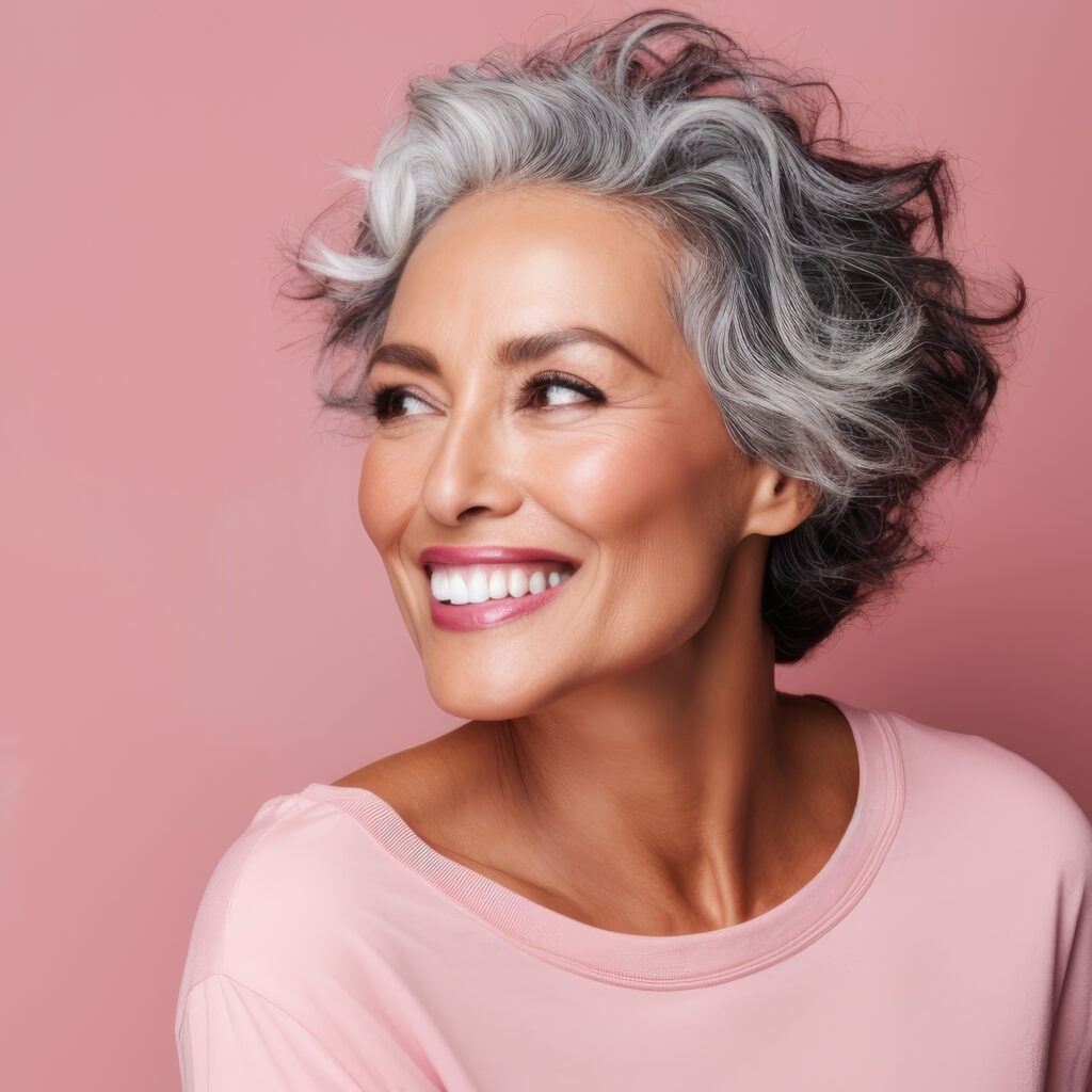 Smiling south american adult woman with smooth healthy face skin